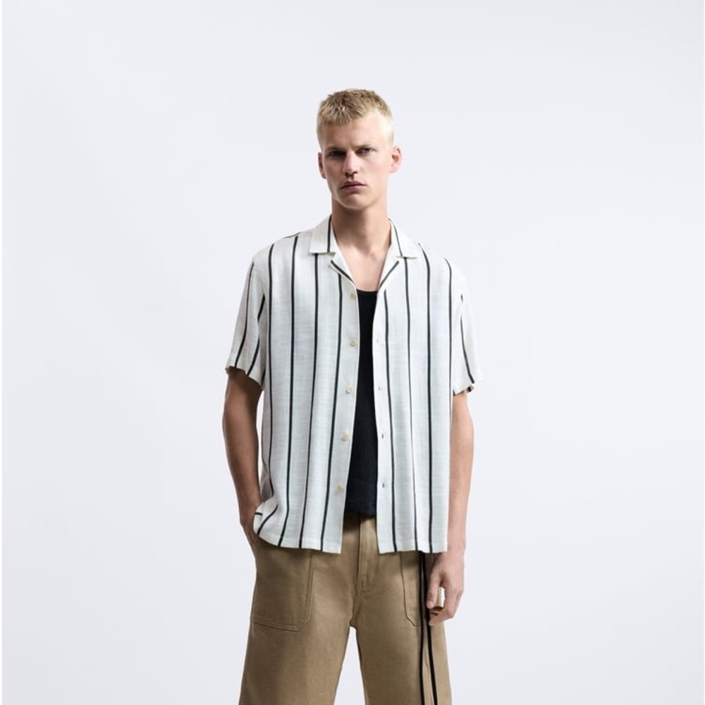 Zara Mens Linen Short Sleeved Button Down Shirt Large